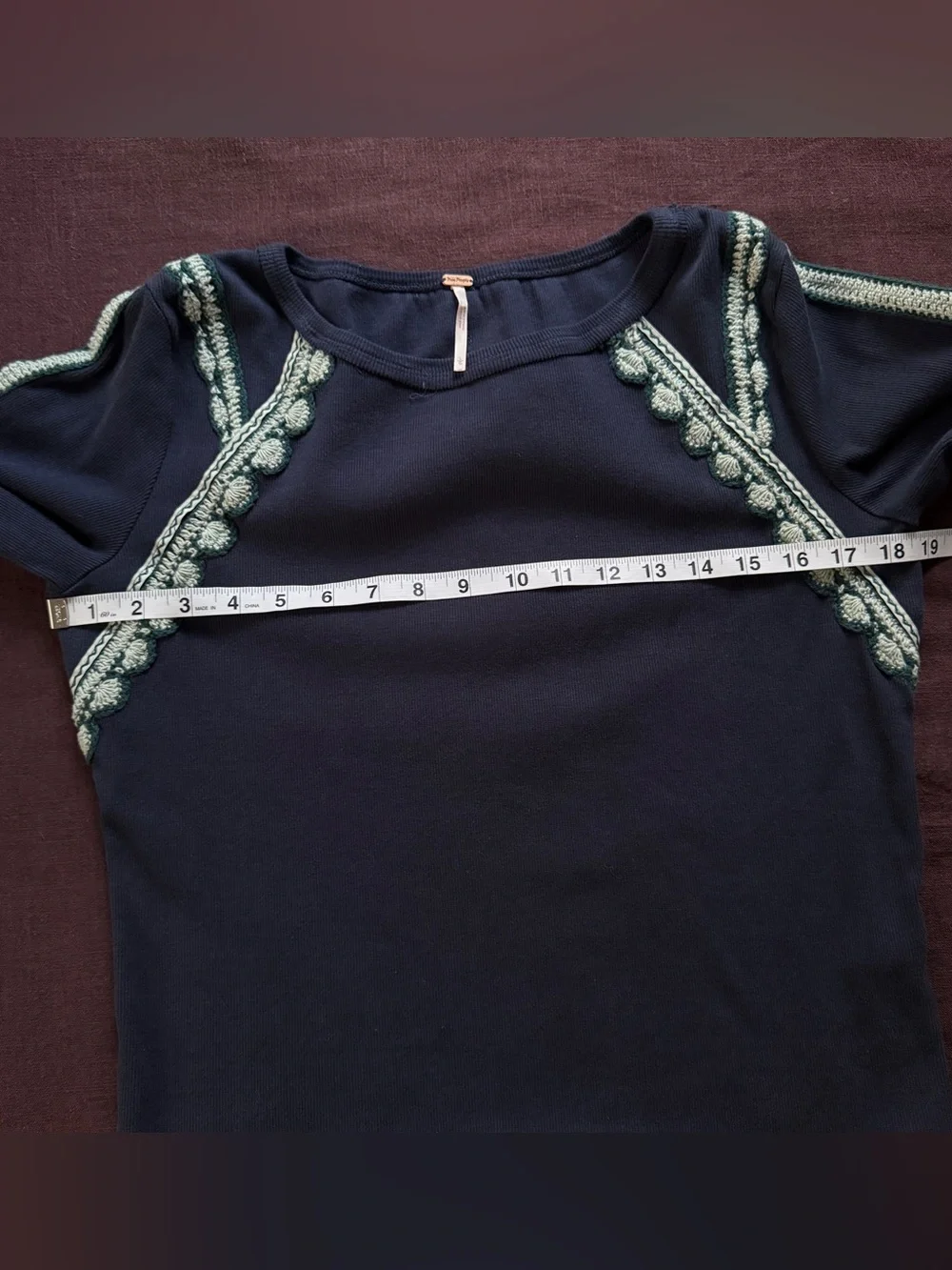 Free People Lost Love Long Sleeve Top Navy Crochet Trim Size L